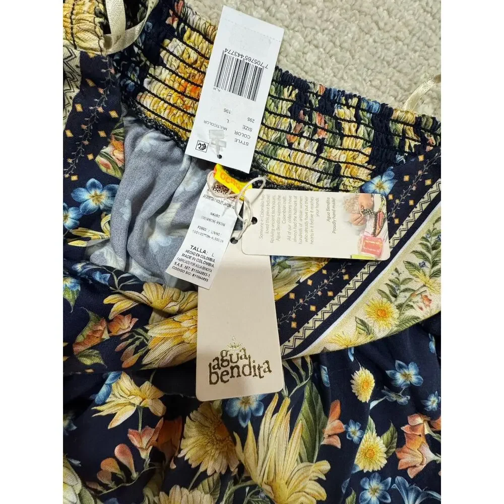NWT Agua Bendita Floral A-Line Smocked Flounce Mini Skirt Floral Boho Size Large